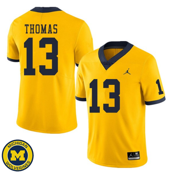 Men Michigan Wolverines #13 Charles Thomas Yellow Embroidery Jersey